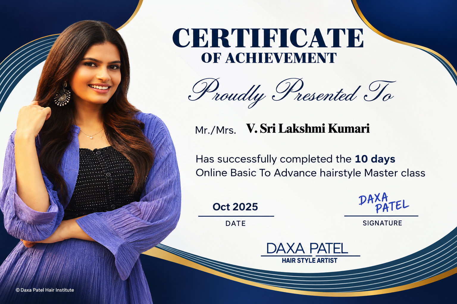 Certificate of Achievement — Daxa Patel Hair Institute